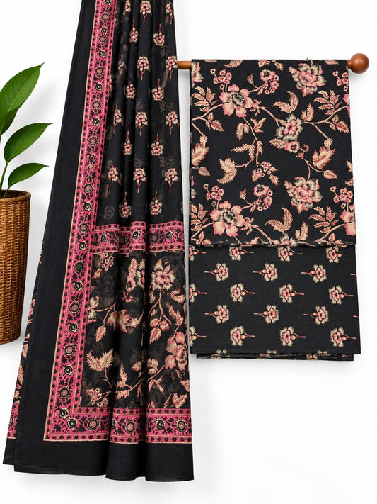 Black & Pink Floral Jaal screen print cotton salwar suit set with cotton dupatta