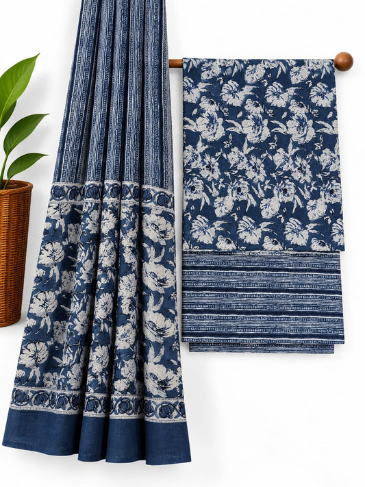 Indigo Blue & White Floral Jaal screen print cotton salwar suit set with cotton dupatta