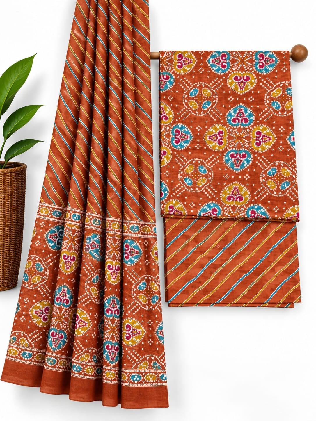 Rust Orange & Multi-Color Traditional Bandhani Print screen print cotton salwar suit set with cotton dupatta