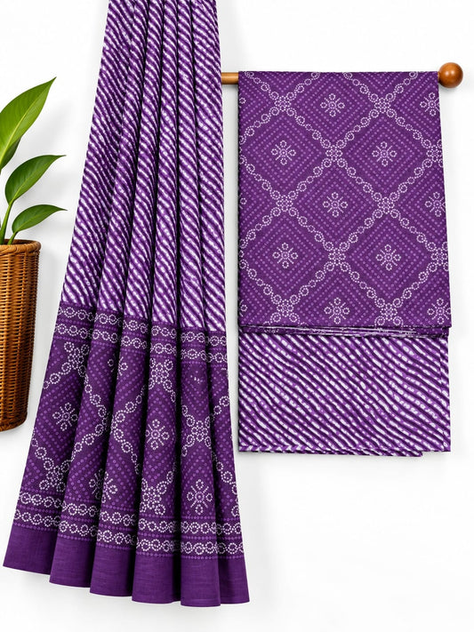 Purple & White Traditional Print screen print cotton salwar suit set with cotton dupatta