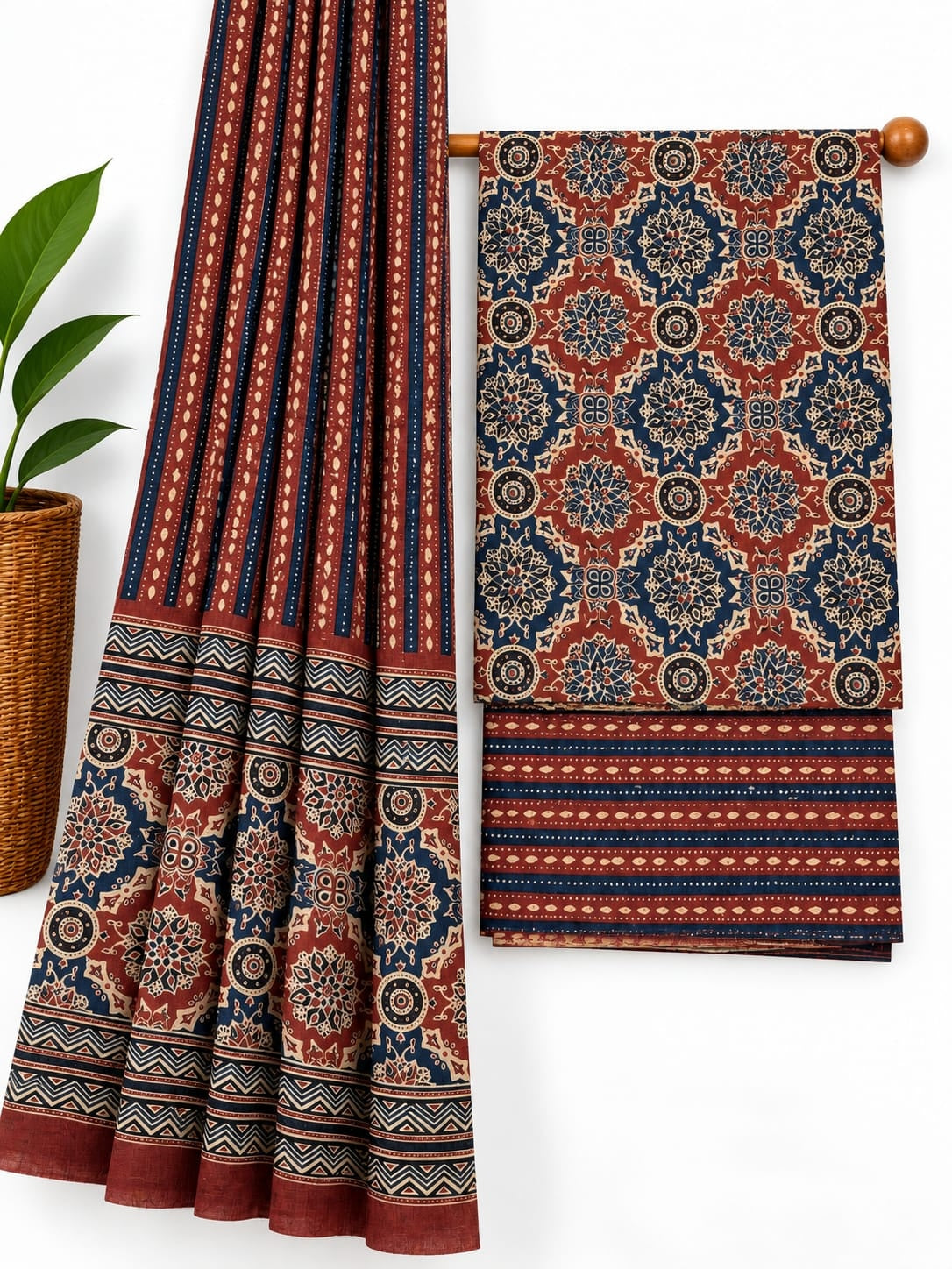 Rust Orange & Indigo Blue Ethnic Motif screen print cotton salwar suit set with cotton dupatta