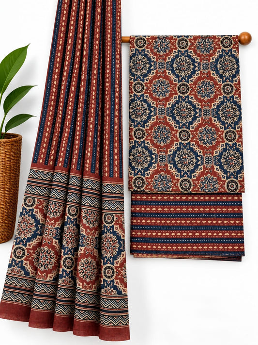 Rust Orange & Indigo Blue Ethnic Motif screen print cotton salwar suit set with cotton dupatta
