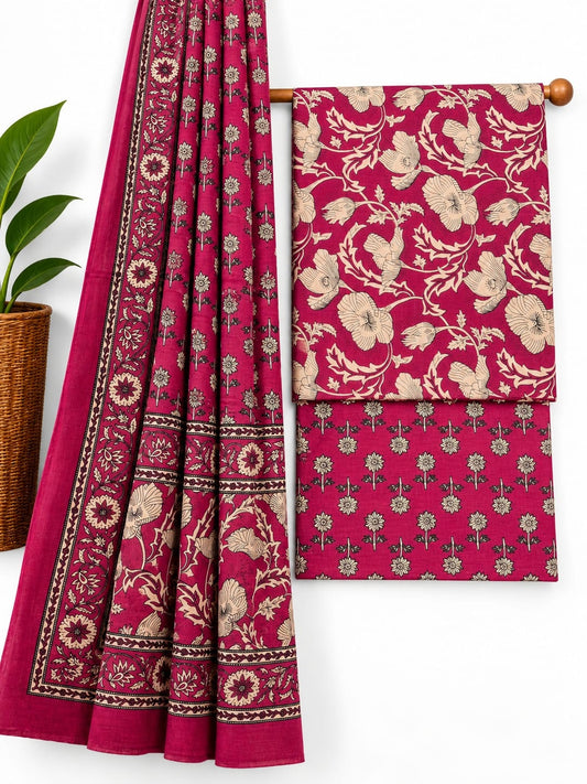 Magenta & Off-White Floral Jaal screen print cotton salwar suit set with cotton dupatta