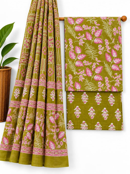 Olive Green & Pink Leaf Print screen print cotton salwar suit set with cotton dupatta