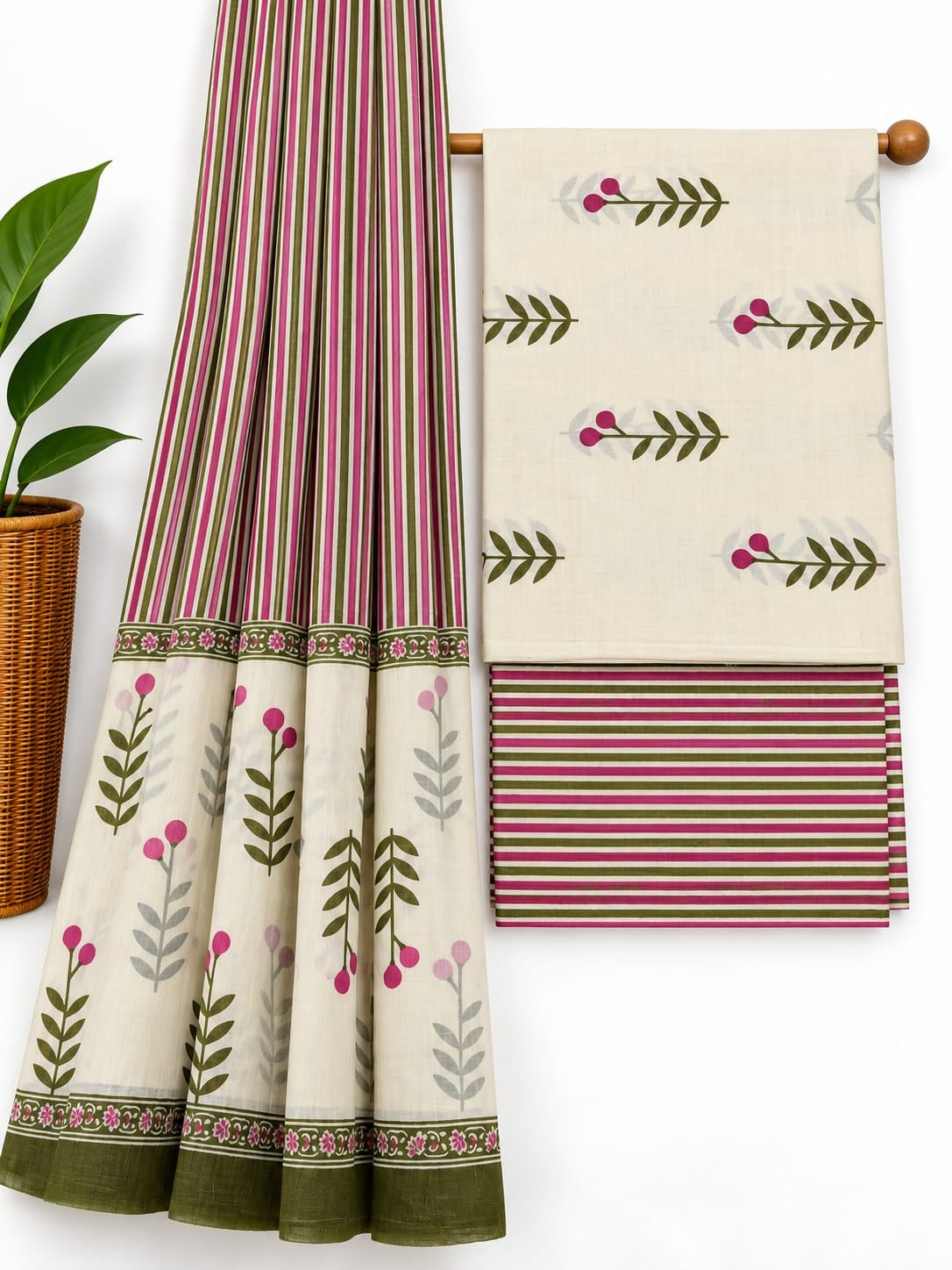 Off-White, Olive Green & Magenta Leaf Print screen print cotton salwar suit set with cotton dupatta