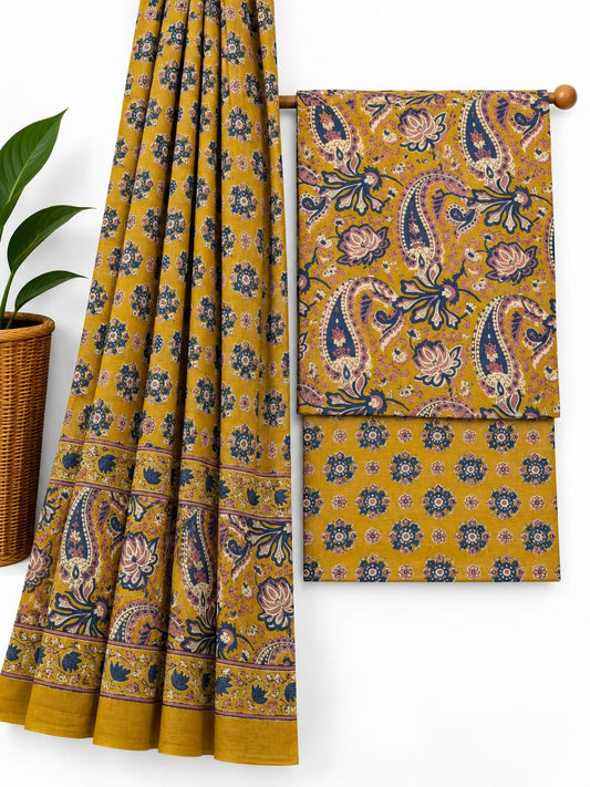 Mustard Yellow & Blue Paisley screen print cotton salwar suit set with cotton dupatta