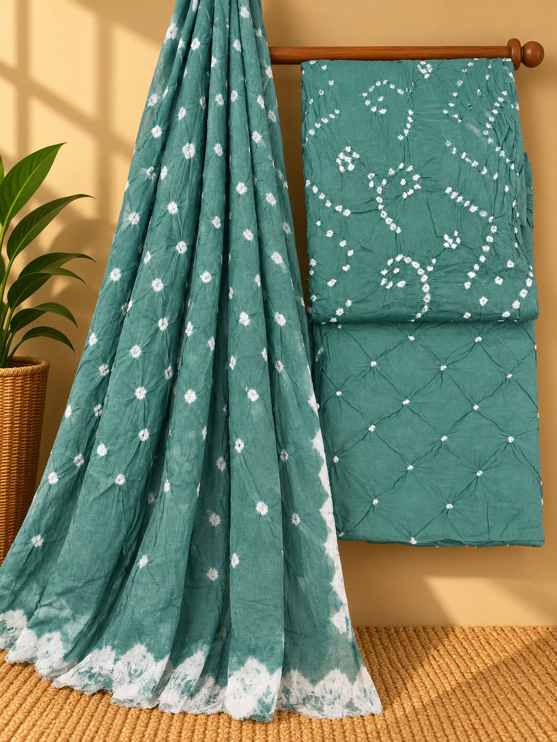 Emerald Green Traditional Bandhani Unstitched Bandhani Cotton Suit Set with Cotton Dupatta