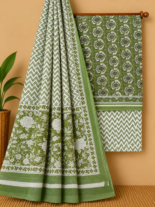Forest Green Floral Booti Unstitched Cotton Screen Print Salwar Suit Set with Mul Cotton Dupatta