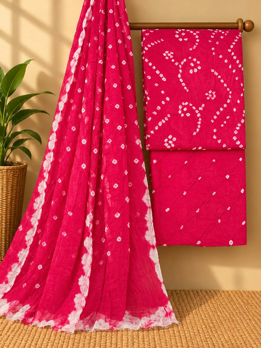 Fuchsia Pink Traditional Bandhani Unstitched Bandhani Cotton Suit Set with Cotton Dupatta