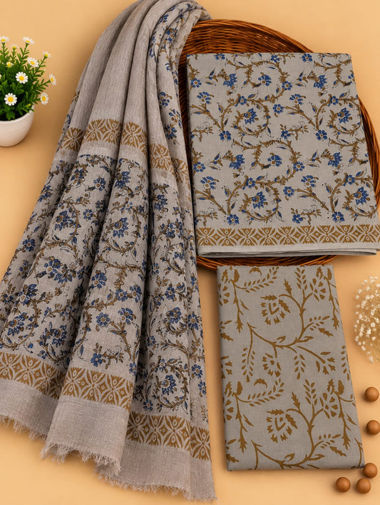Grey & Blue Floral Jaal Unstitched Cotton Suit Set with Chiffon Dupatta