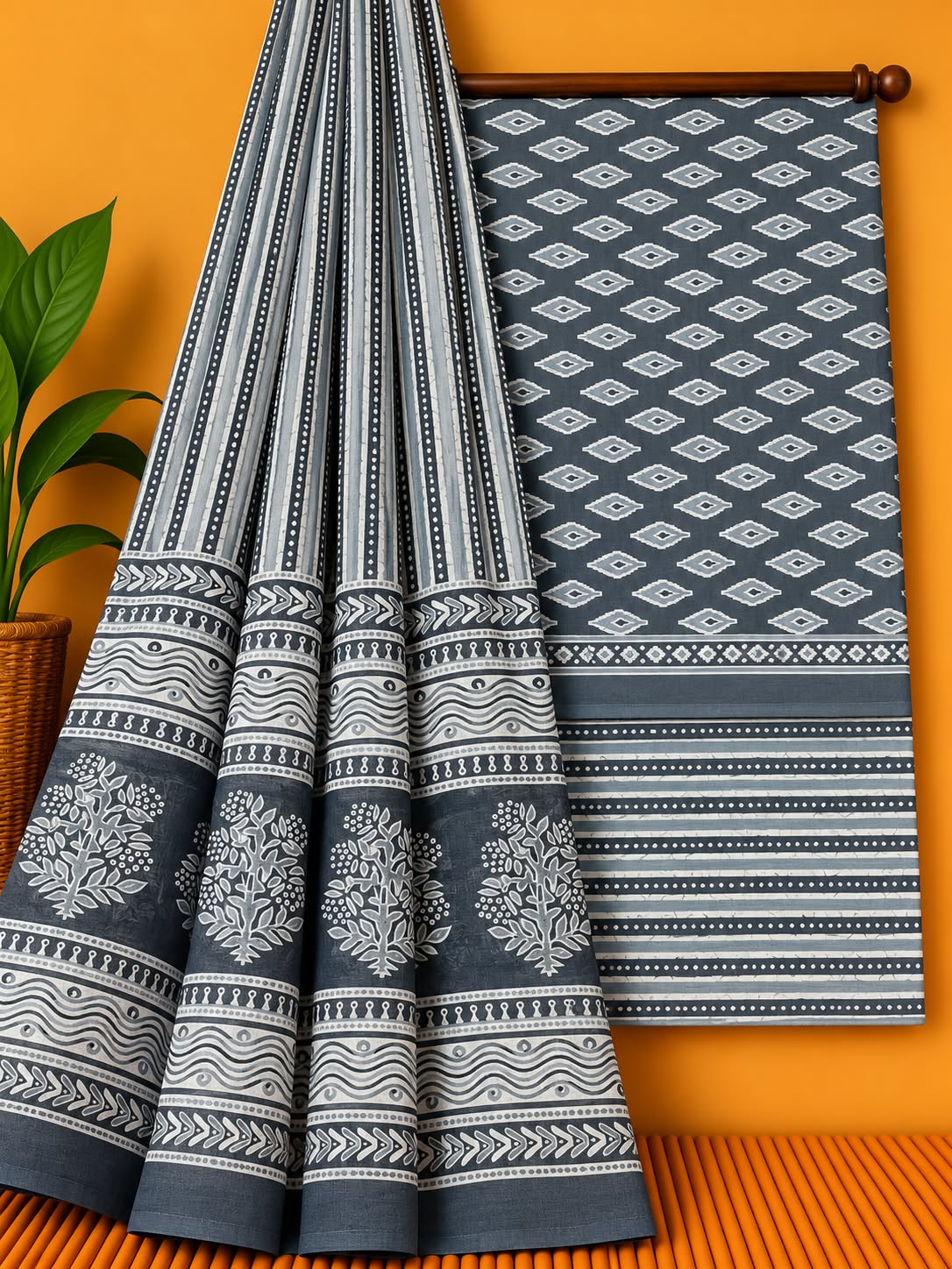 Grey & Off-White Geometric Unstitched Cotton Screen Print Salwar Suit Set with Mul Cotton Dupatta