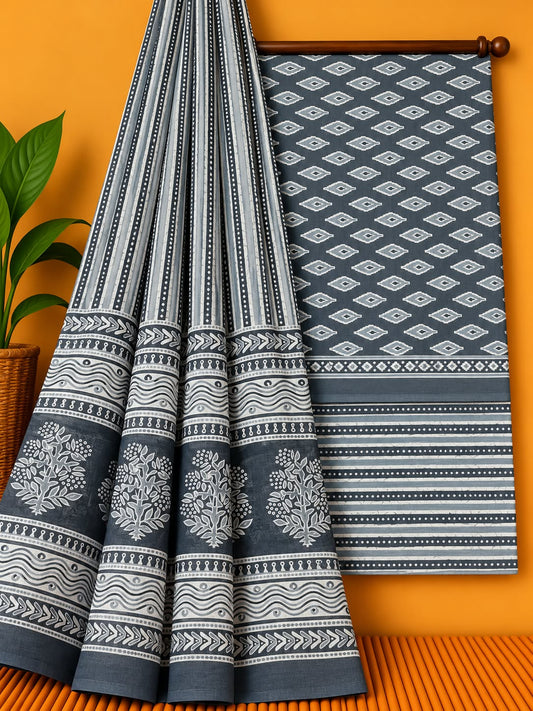 Grey & Off-White Geometric Unstitched Cotton Screen Print Salwar Suit Set with Mul Cotton Dupatta