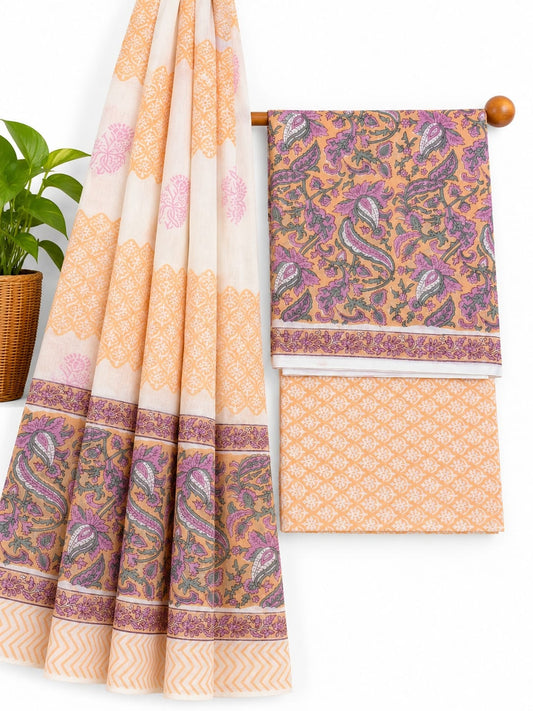 Peach & Lavender Paisley hand block printed cotton salwar suit set with mulmul dupatta