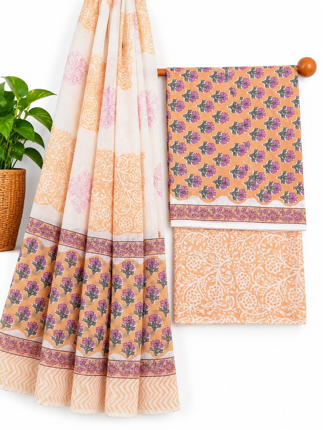 Peach & Pink Floral Booti hand block printed cotton salwar suit set with mulmul dupatta