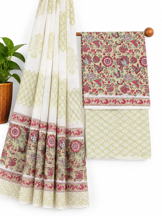 Olive Green & Pink Floral Jaal hand block printed cotton salwar suit set with mulmul dupatta