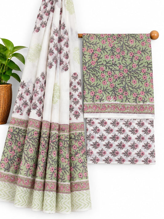Sage Green & Pink Floral Jaal hand block printed cotton salwar suit set with mulmul dupatta