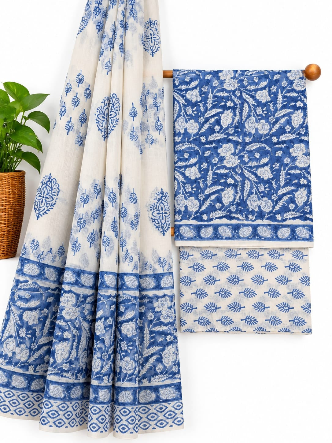 Indigo Blue & Off-White Floral Jaal hand block printed cotton salwar suit set with mulmul dupatta