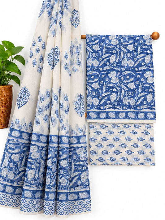 Indigo Blue & Off-White Floral Jaal hand block printed cotton salwar suit set with mulmul dupatta