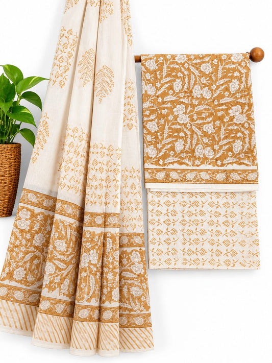Mustard Yellow & Off-White Floral Jaal hand block printed cotton salwar suit set with mulmul dupatta