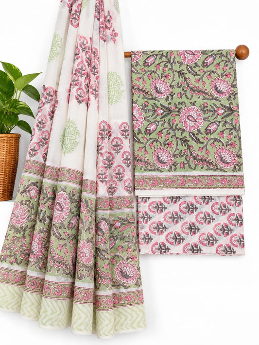 Sage Green And Pink Floral Jaal hand block printed cotton salwar suit set with mulmul dupatta