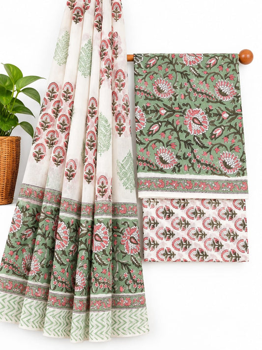 Sage Green & Off-White Floral Jaal hand block printed cotton salwar suit set with mulmul dupatta