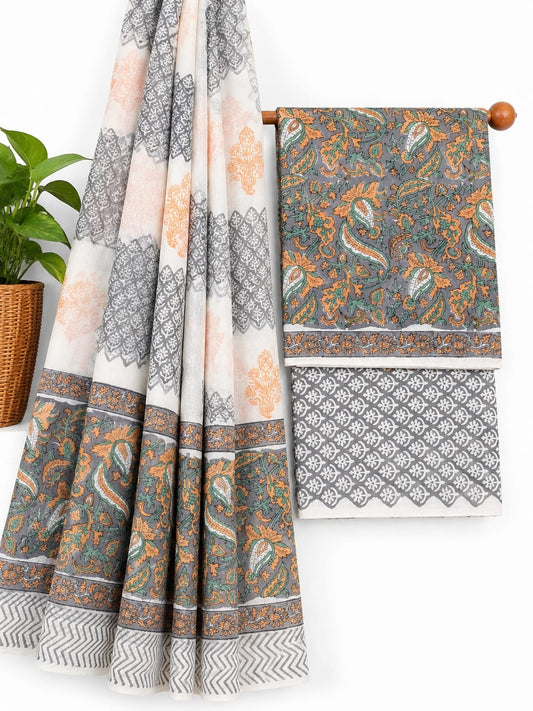 Grey, Orange And White Paisley hand block printed cotton salwar suit set with mulmul dupatta