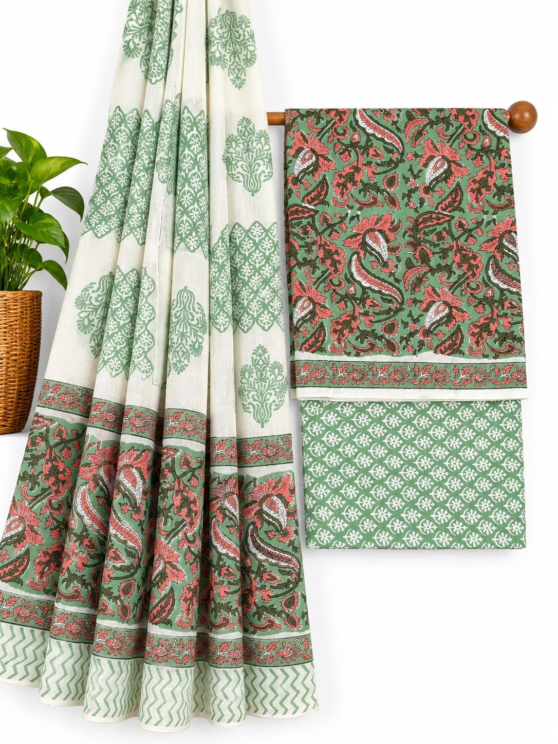 Green Pink And Off-White Paisley hand block printed cotton salwar suit set with mulmul dupatta