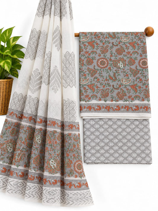 Grey & Rust Orange Paisley hand block printed cotton salwar suit set with mulmul dupatta