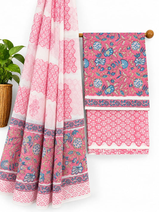 Pink, Blue & White Floral Jaal hand block printed cotton salwar suit set with mulmul dupatta