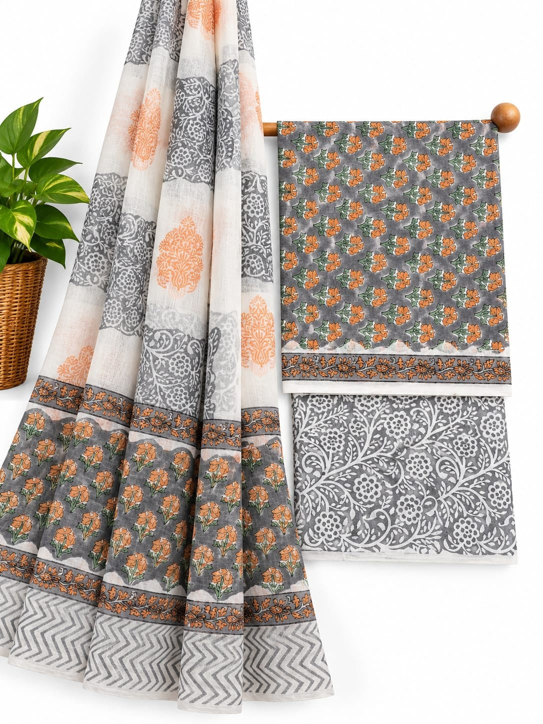 Grey, Peach & White Floral Jaal hand block printed cotton salwar suit set with mulmul dupatta