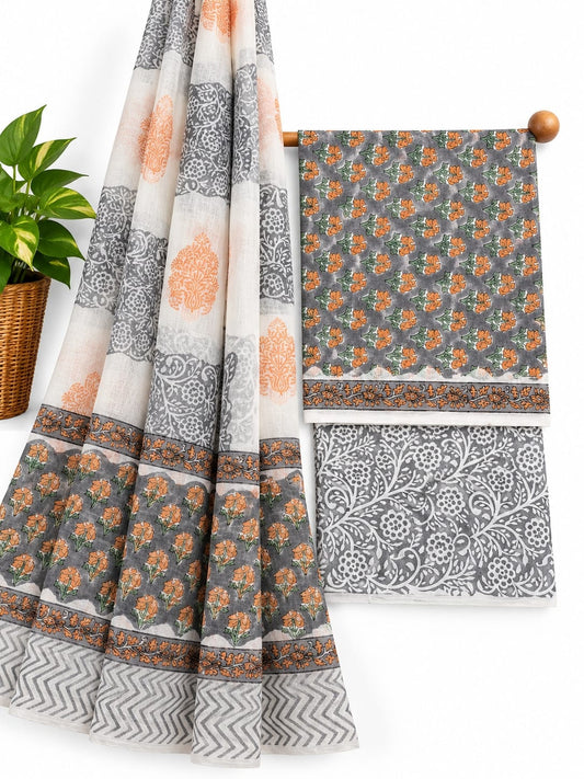 Grey, Peach & White Floral Jaal hand block printed cotton salwar suit set with mulmul dupatta