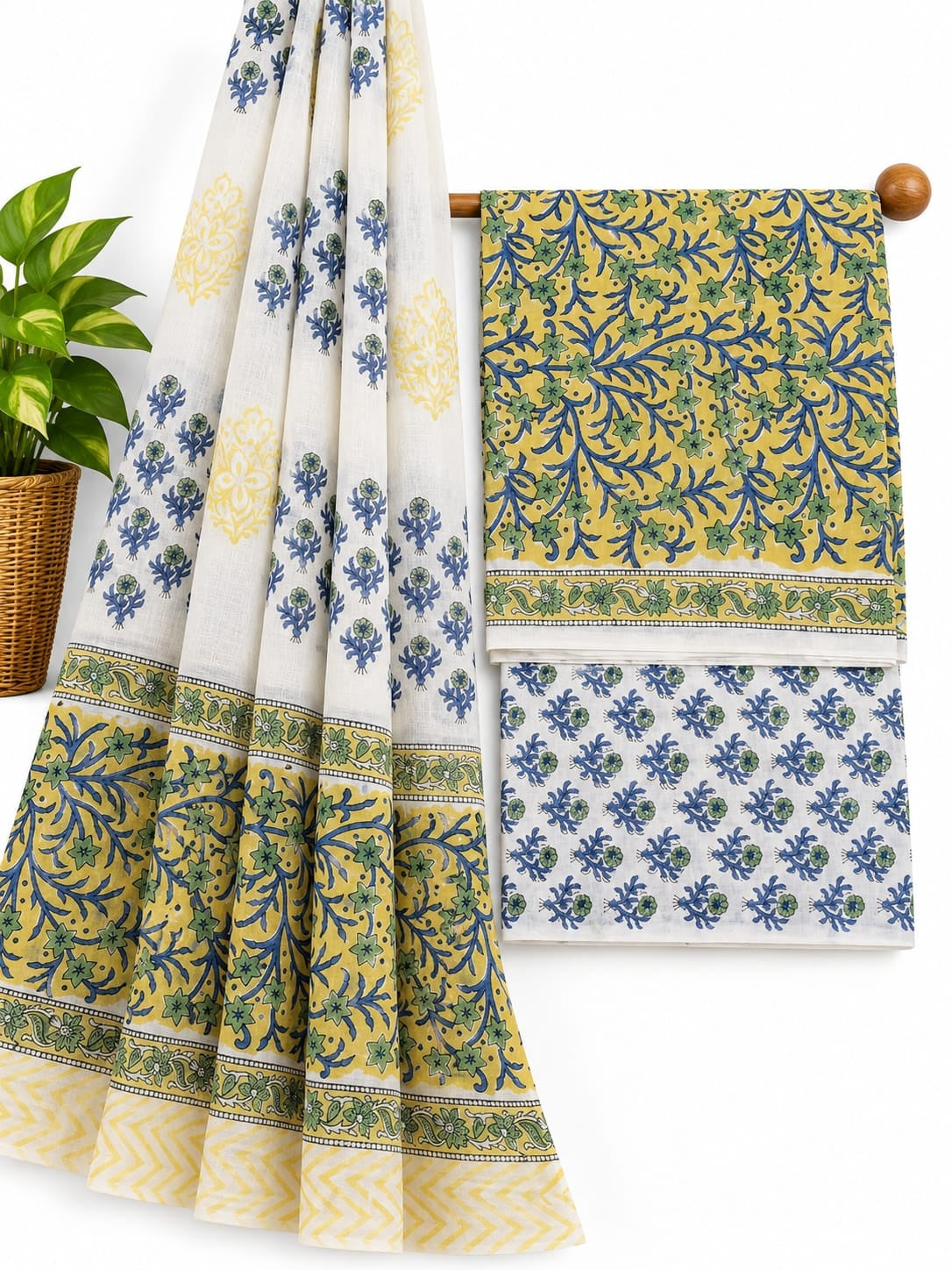 Mustard Yellow And Blue Floral Jaal hand block printed cotton salwar suit set with mulmul dupatta