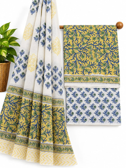 Mustard Yellow And Blue Floral Jaal hand block printed cotton salwar suit set with mulmul dupatta