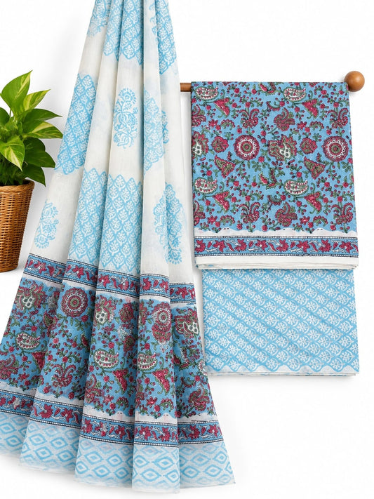 Light Blue And Pink Floral Jaal hand block printed cotton salwar suit set with mulmul dupatta