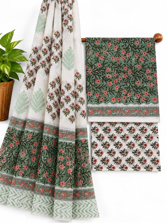 Sage Green, Dusty Pink & Off-White Floral Jaal hand block printed cotton salwar suit set with mulmul dupatta