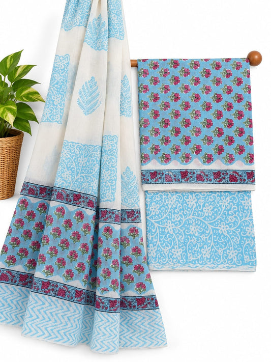 Light Blue, Pink & White Floral Jaal hand block printed cotton salwar suit set with mulmul dupatta