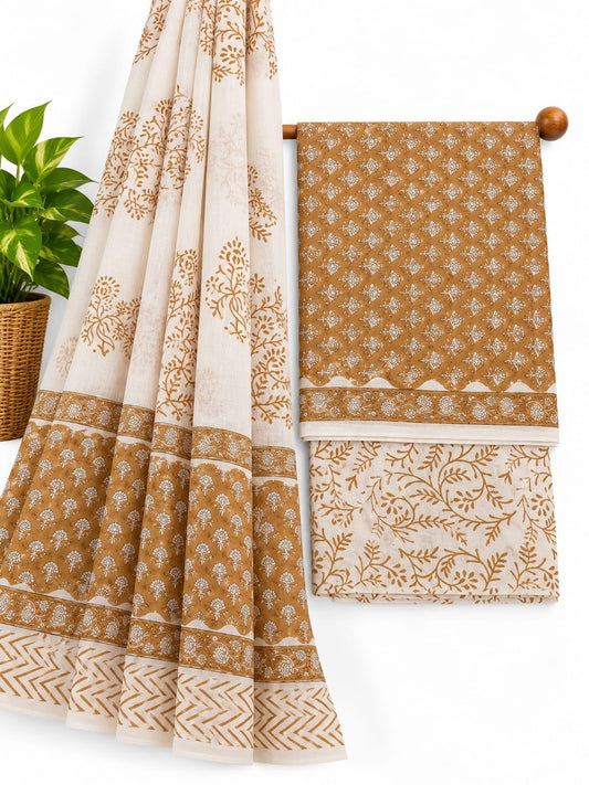 Mustard Yellow & Off-White Floral Booti hand block printed cotton salwar suit set with mulmul dupatta