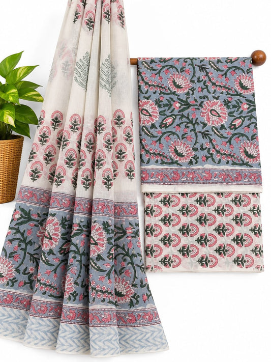 Grey, Pink & Off-White Floral Jaal hand block printed cotton salwar suit set with mulmul dupatta