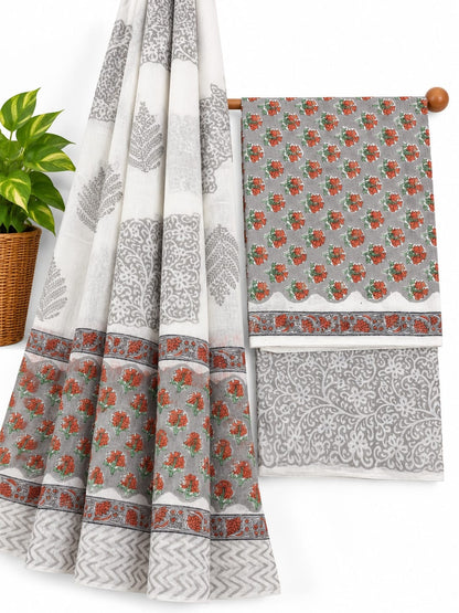 Grey, Rust Orange & White Floral Booti hand block printed cotton salwar suit set with mulmul dupatta