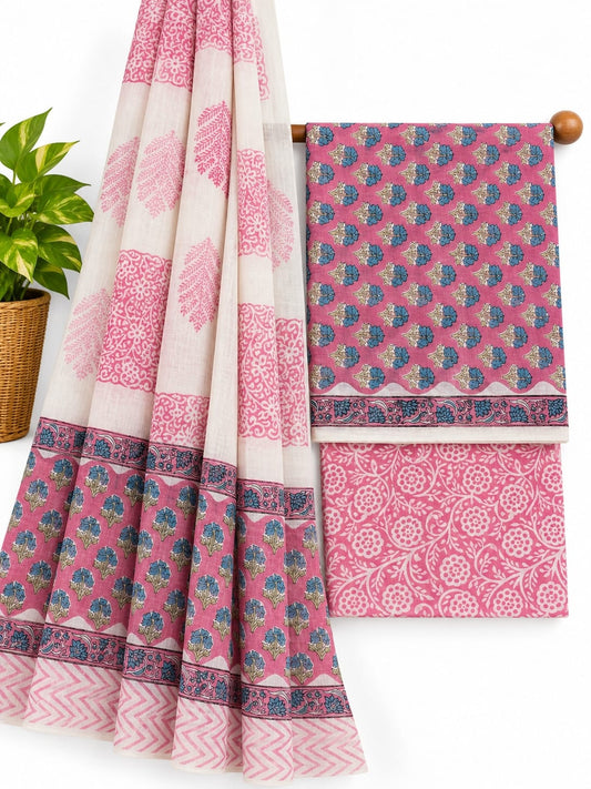 Pink & Off-White Floral Jaal hand block printed cotton salwar suit set with mulmul dupatta