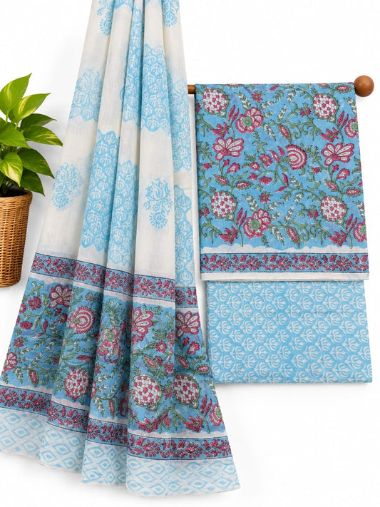 Light Blue & Pink Floral Jaal hand block printed cotton salwar suit set with mulmul dupatta