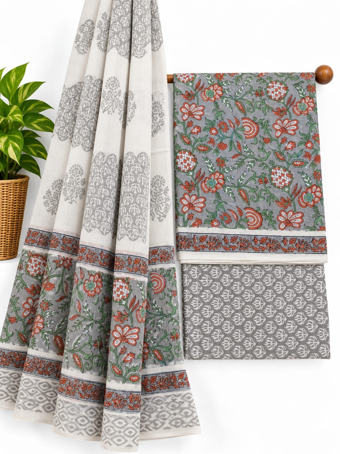 Grey, Orange & Green Floral Jaal hand block printed cotton salwar suit set with mulmul dupatta