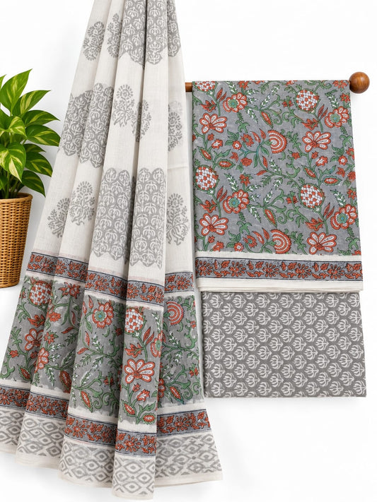 Grey, Orange & Green Floral Jaal hand block printed cotton salwar suit set with mulmul dupatta