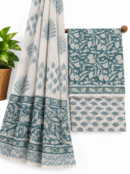 Teal Blue & Off-White Floral Jaal hand block printed cotton salwar suit set with mulmul dupatta
