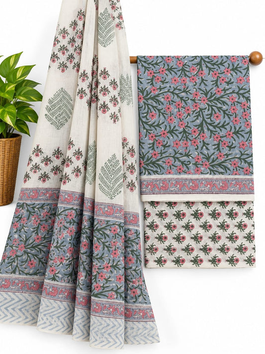 Grey, Pink & Off-White Floral Jaal hand block printed cotton salwar suit set with mulmul dupatta