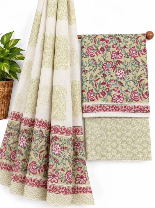 Olive Green & Pink Floral Jaal hand block printed cotton salwar suit set with mulmul dupatta