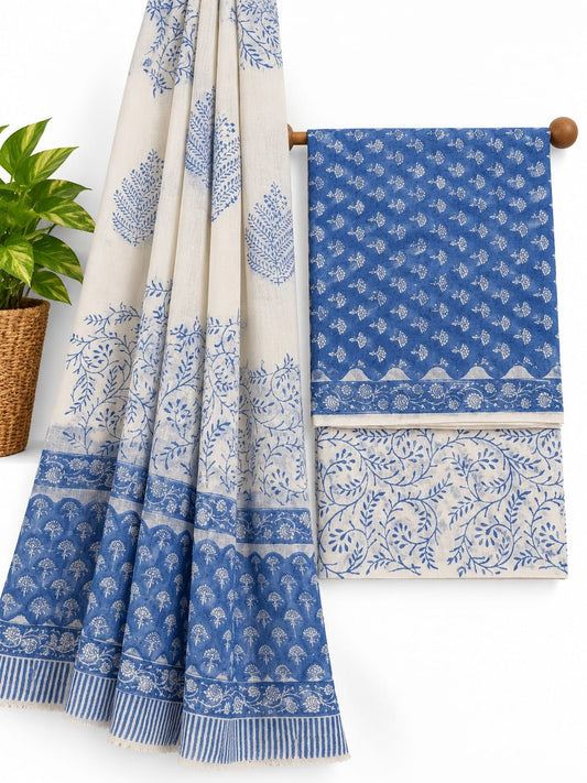 Indigo Blue & Off-White Leaf Print hand block printed cotton salwar suit set with mulmul dupatta