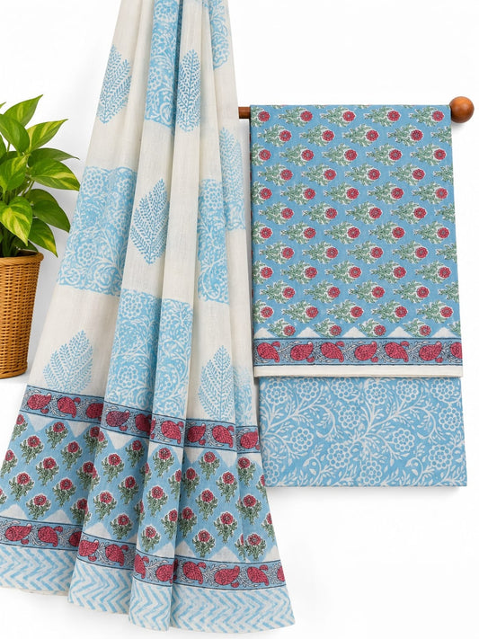 Blue & Pink Floral Booti hand block printed cotton salwar suit set with mulmul dupatta