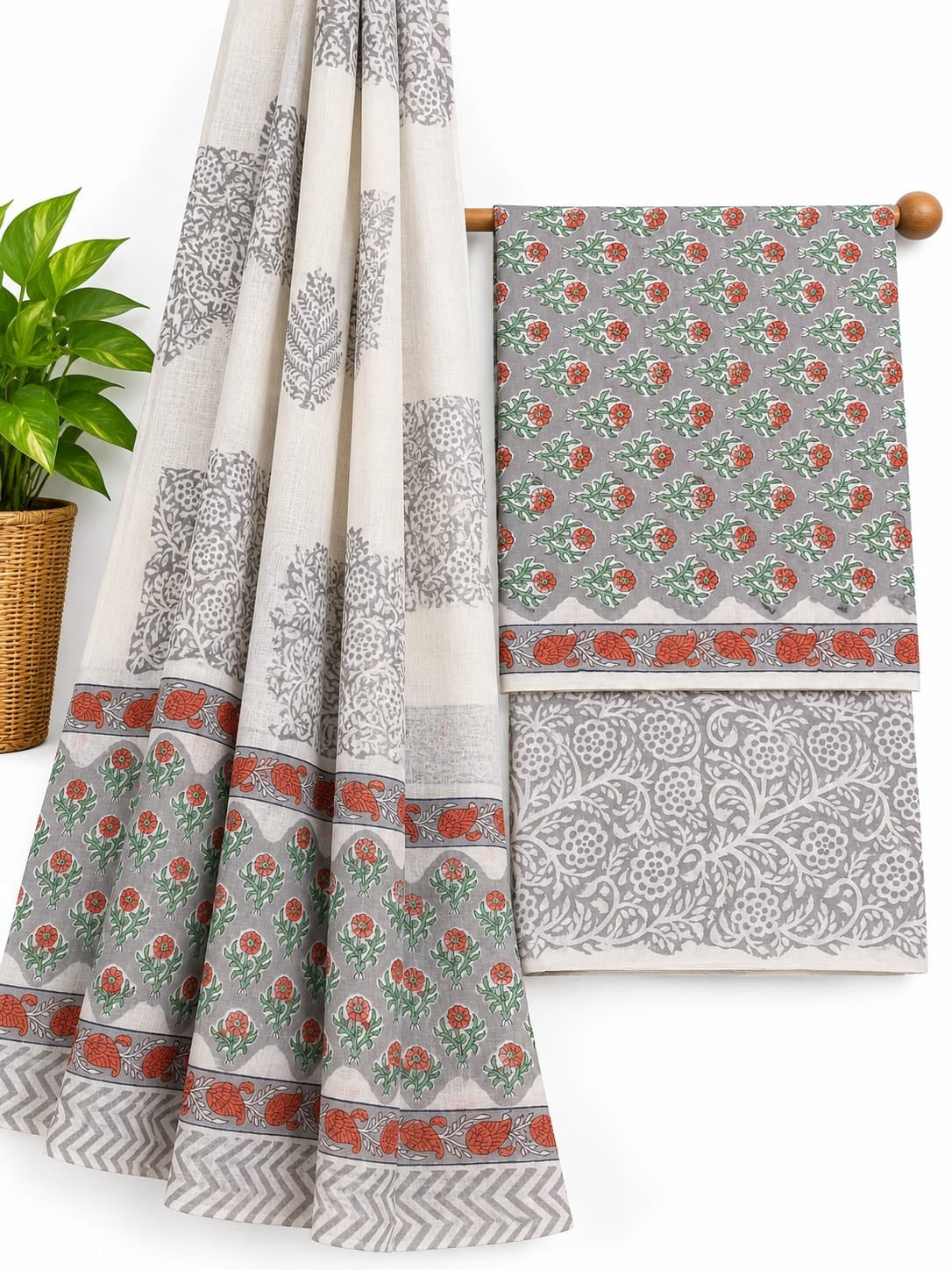 Grey, Red & Green Floral Booti hand block printed cotton salwar suit set with mulmul dupatta