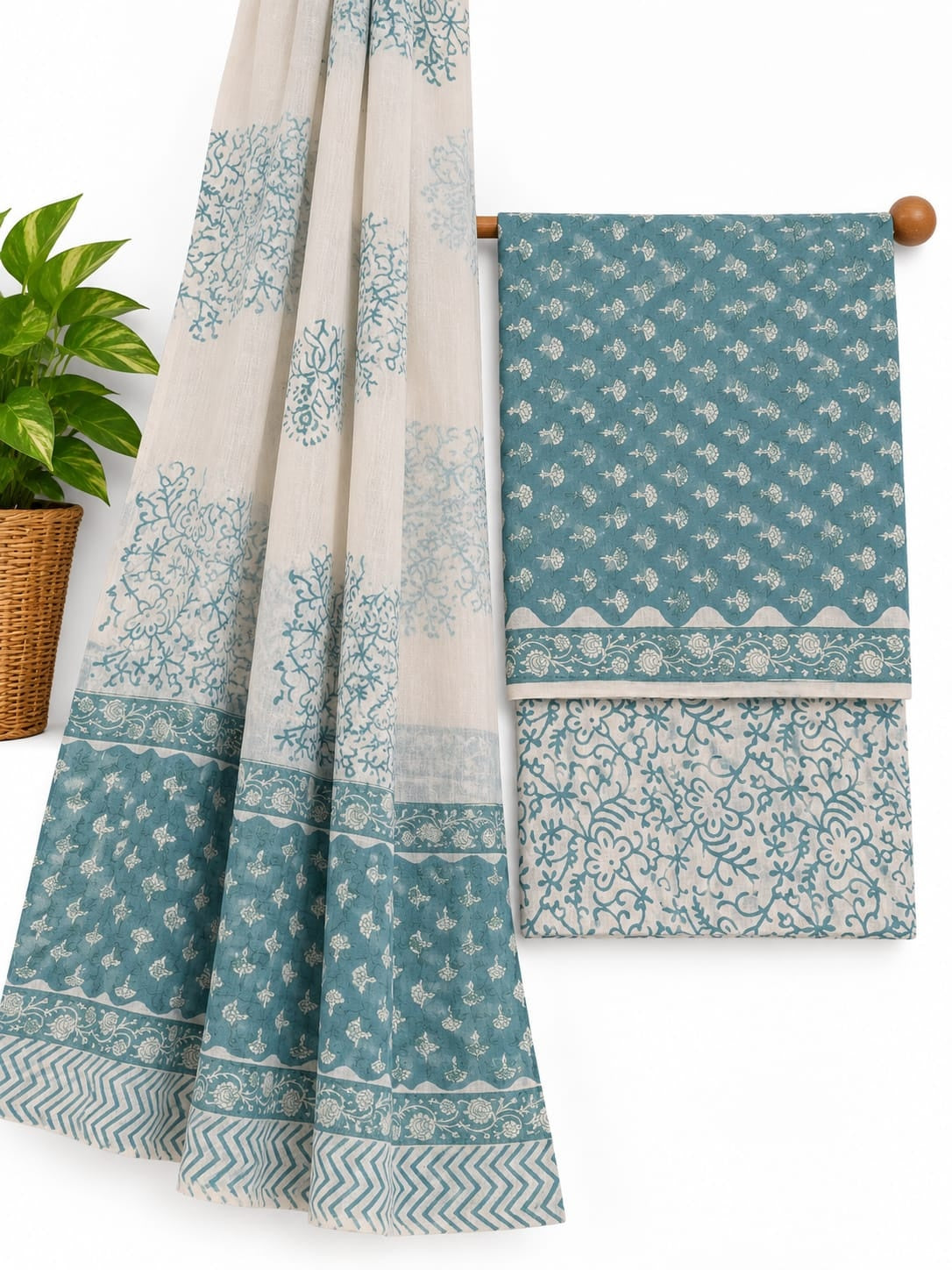 Teal Blue & Off-White Floral Booti hand block printed cotton salwar suit set with mulmul dupatta